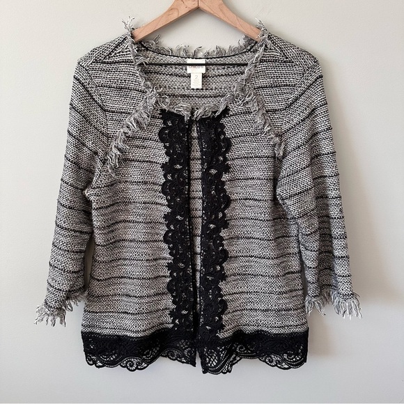 Chico's Jackets & Blazers - Chico’s Fringe Lace Wool Blend Cardigan Jacket Size 2 L Black & White Office
